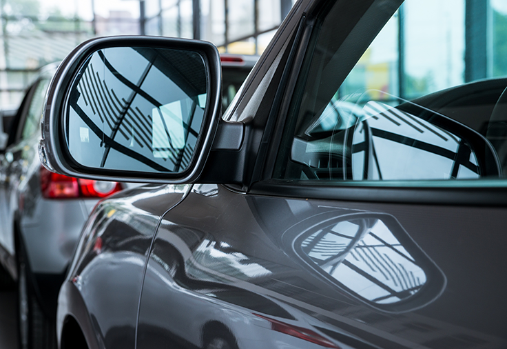 A mirror on the driver's side of a car.